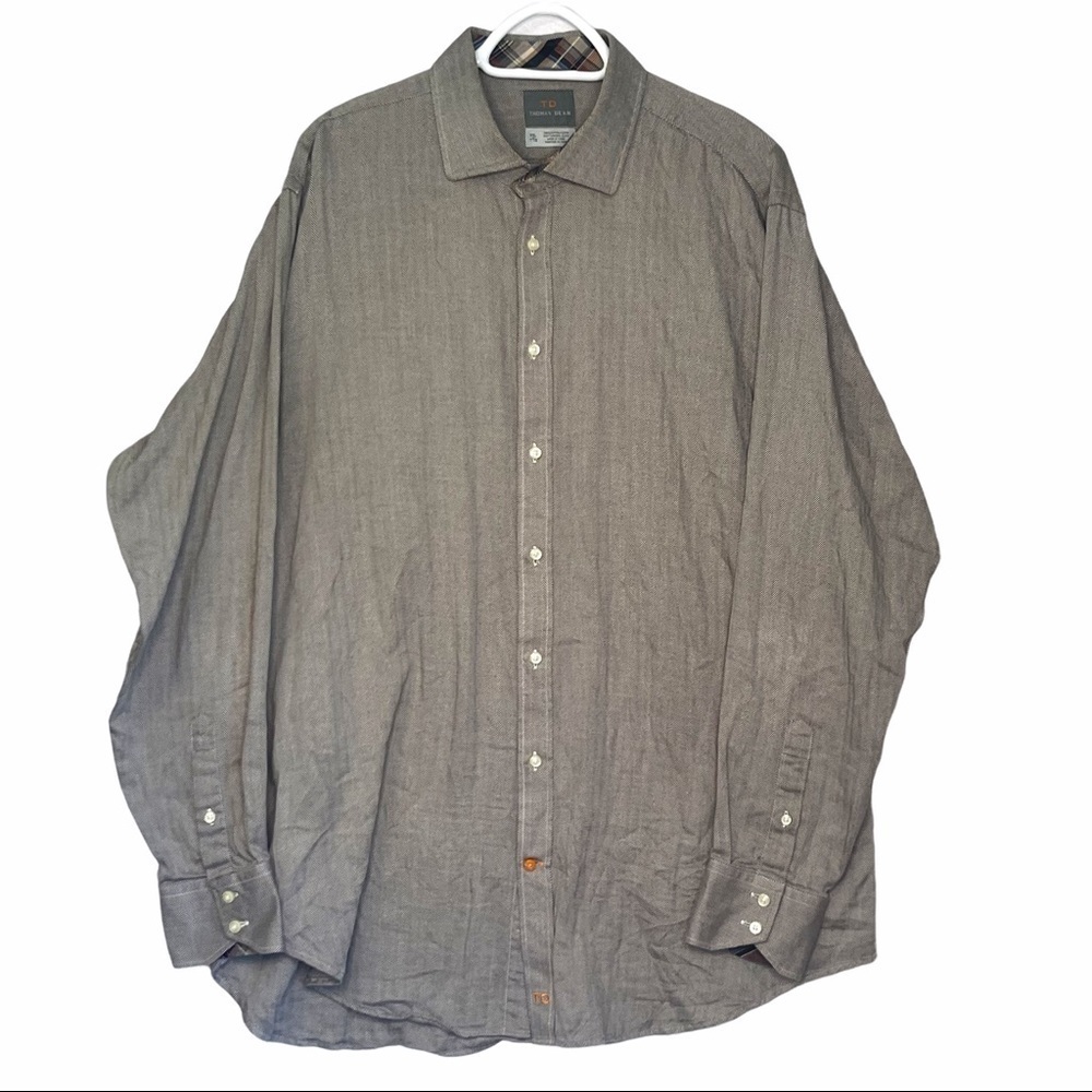 Thomas Dean XXL Purple Green Herringbone Patterned Long Sleeved Dress Sh…